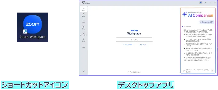 zoomデスクトップアプリのショートカットとアプリ起動画面